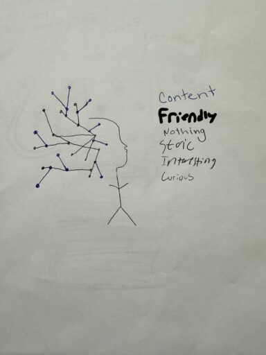 connected lines coming out of the back of a stick figure head with words content, friendly, nothing, stoic, interesting, and curious
