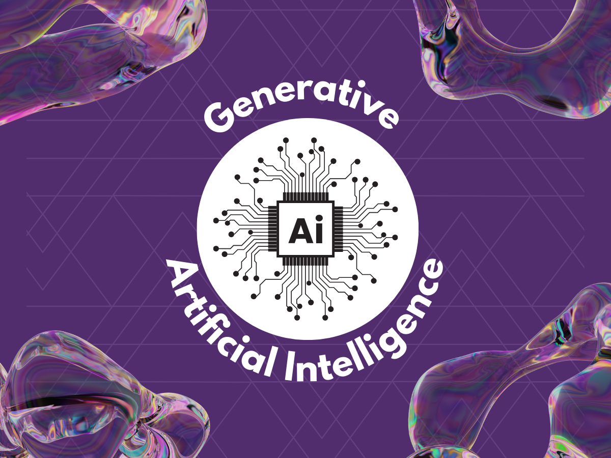 Generative Artificial Intelligence with a microchip, labeled with AI and circuits coming off of it.