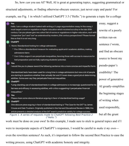 text from Nick Gray's AI assignment describing and showing how he used AI to help generate a topic for an essay, suggest a rewrite of a sentence, and find a source.