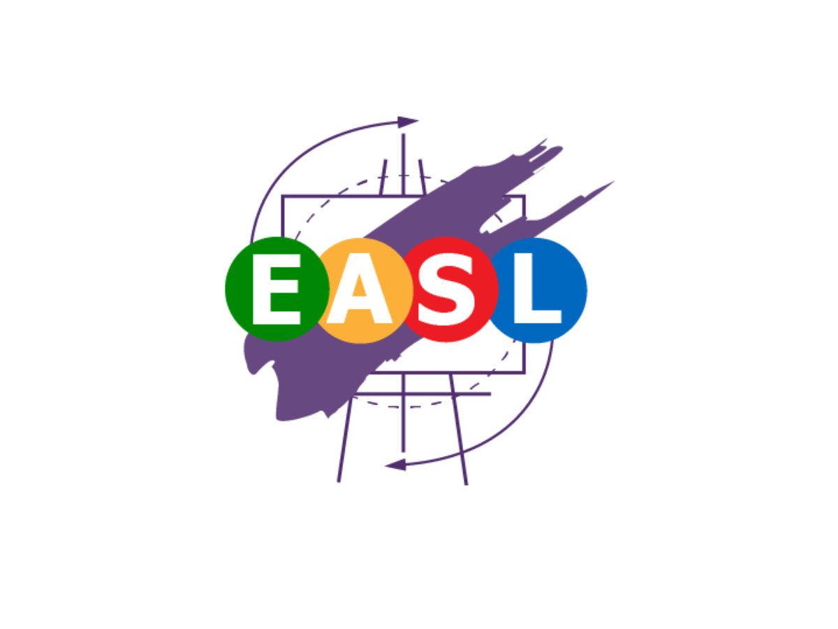 Circle letters (Green E, Yellow A, Red S, Blue L) over a purple paint splash over an easel outline with arrows making a circle